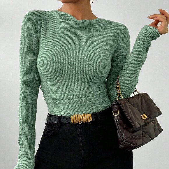 Green Casual Women's Turtleneck Ruched Bodysuit With Long Sleeves - Picture 7 of 8